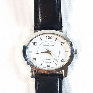 Christian Picard Oval Silver Tone Black Leather Watch, New Battery